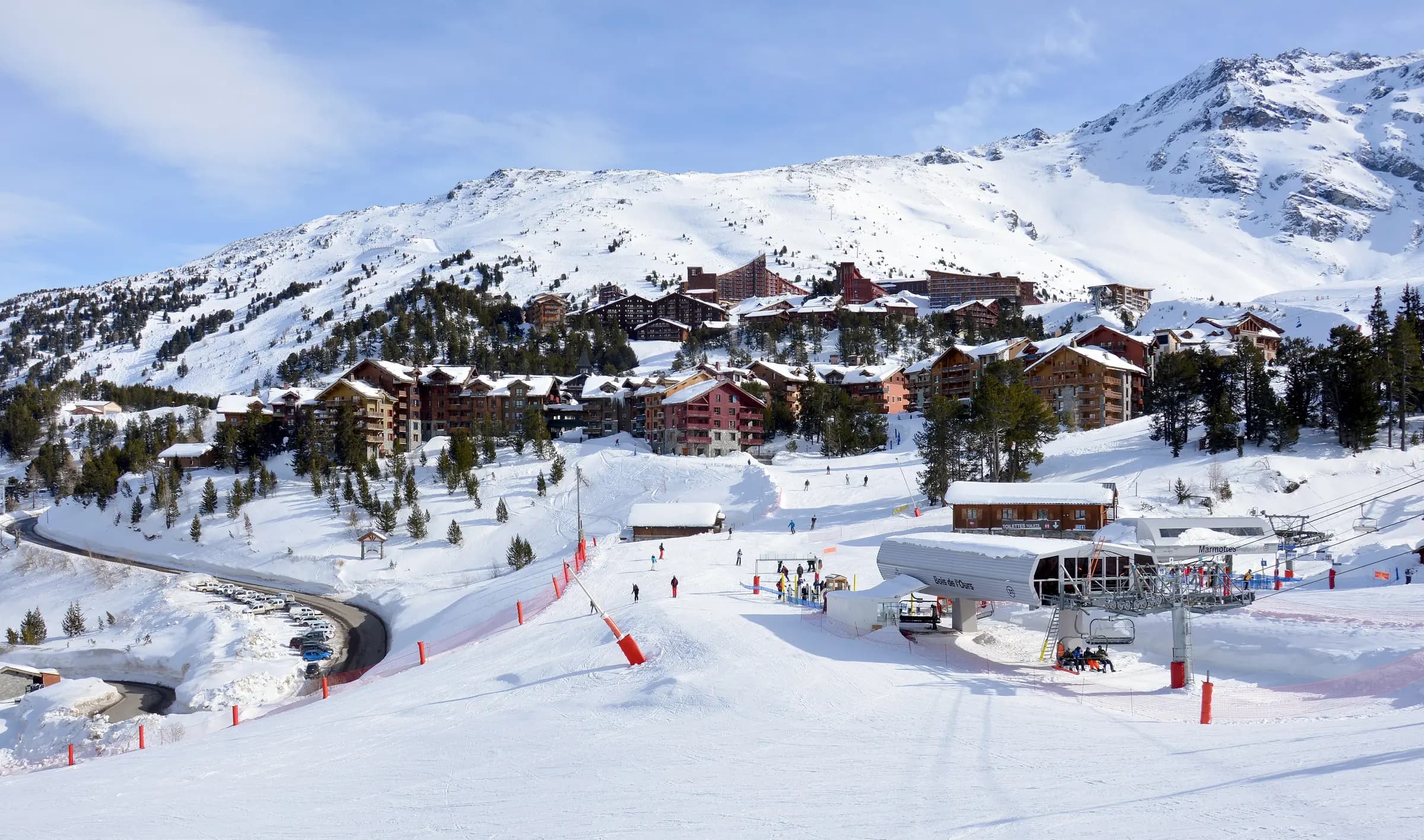 Arc 1950 and Arc 2000 from the bottom of the Bois de l'Ours slope, Les Arcs, 2018
