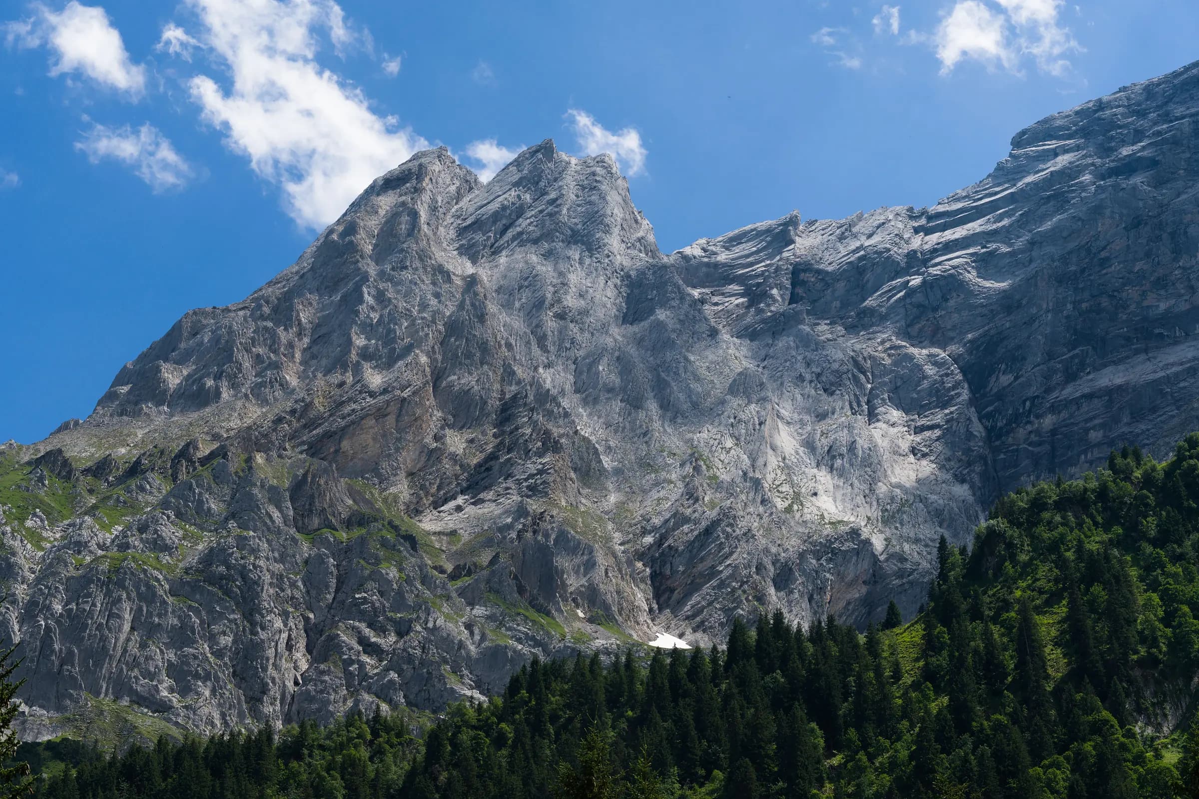 A breathtaking view of the Swiss Alps under a clear blue sky, showcasing rugged peaks and lush greenery.