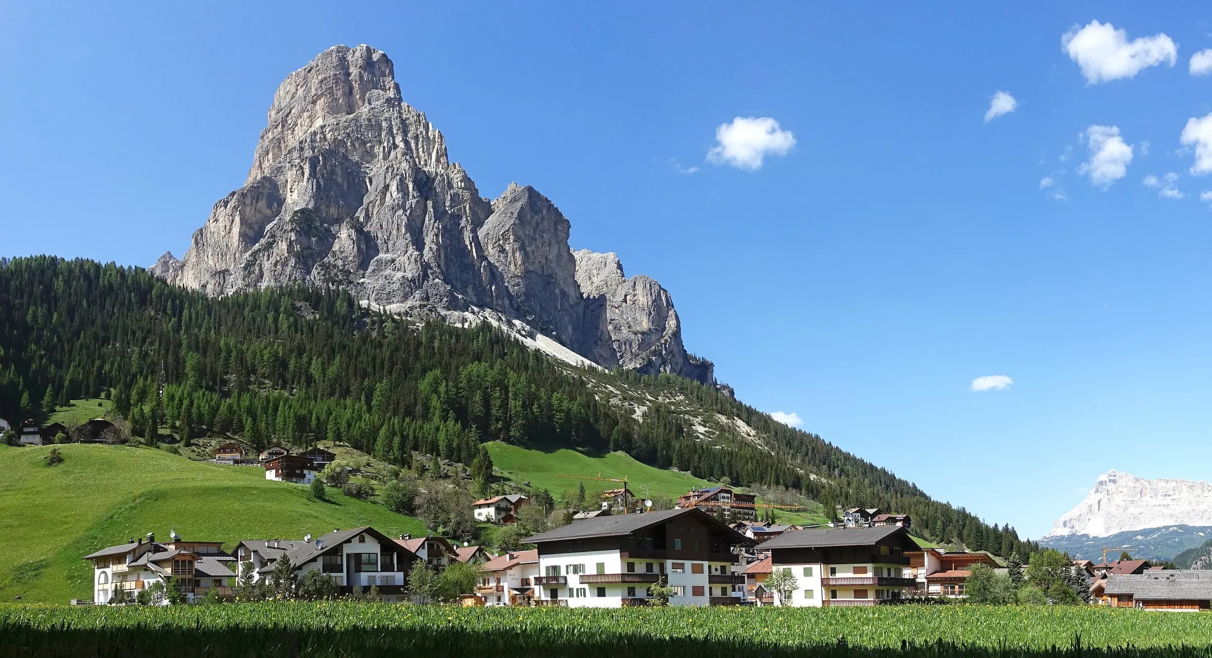 Sassongher mountain and Corvara in Badia, Italy.