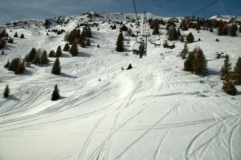 A picturesque ski slope with chairlift, snow tracks, and pine trees under a clear winter sky.