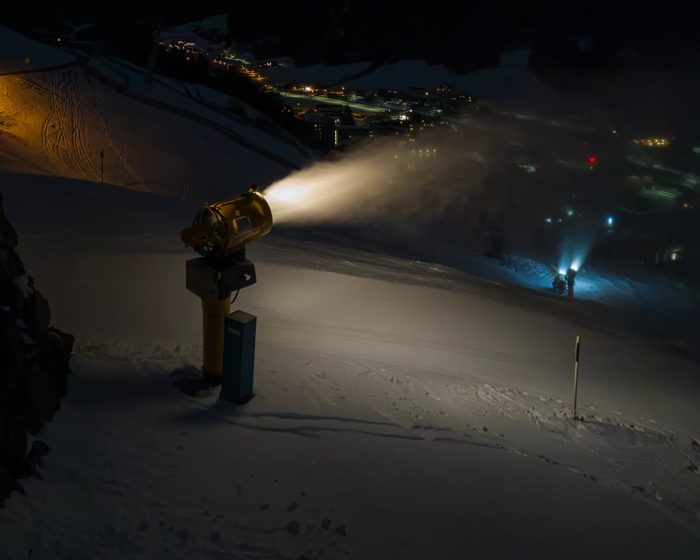 Illuminated snow cannon in Sölden, Tyrol