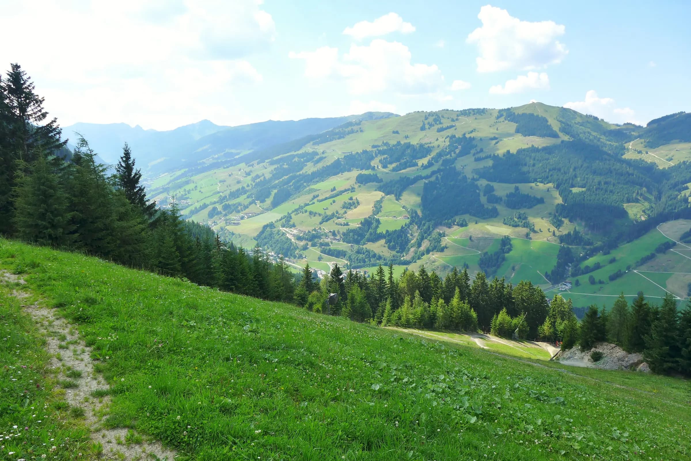 View towards Saalbach-Hinterglemm , Austria, from near the transitional station part way up the mountain on the Schattberg X-Press cable car.