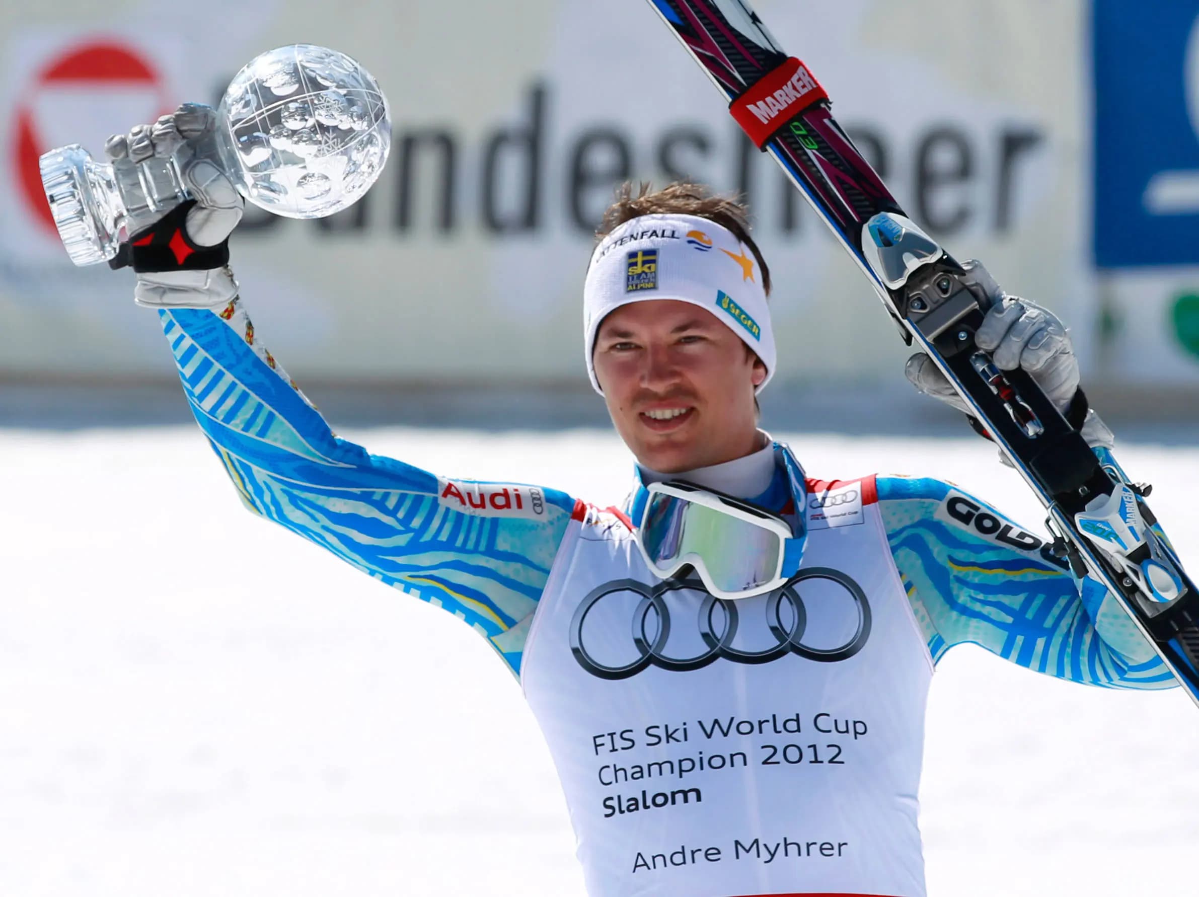 Swedish alpine skier André Myhrer recives the the crystal globe for winning the 2011/12 FIS Slalom World Cup in Schladming, Austria.
