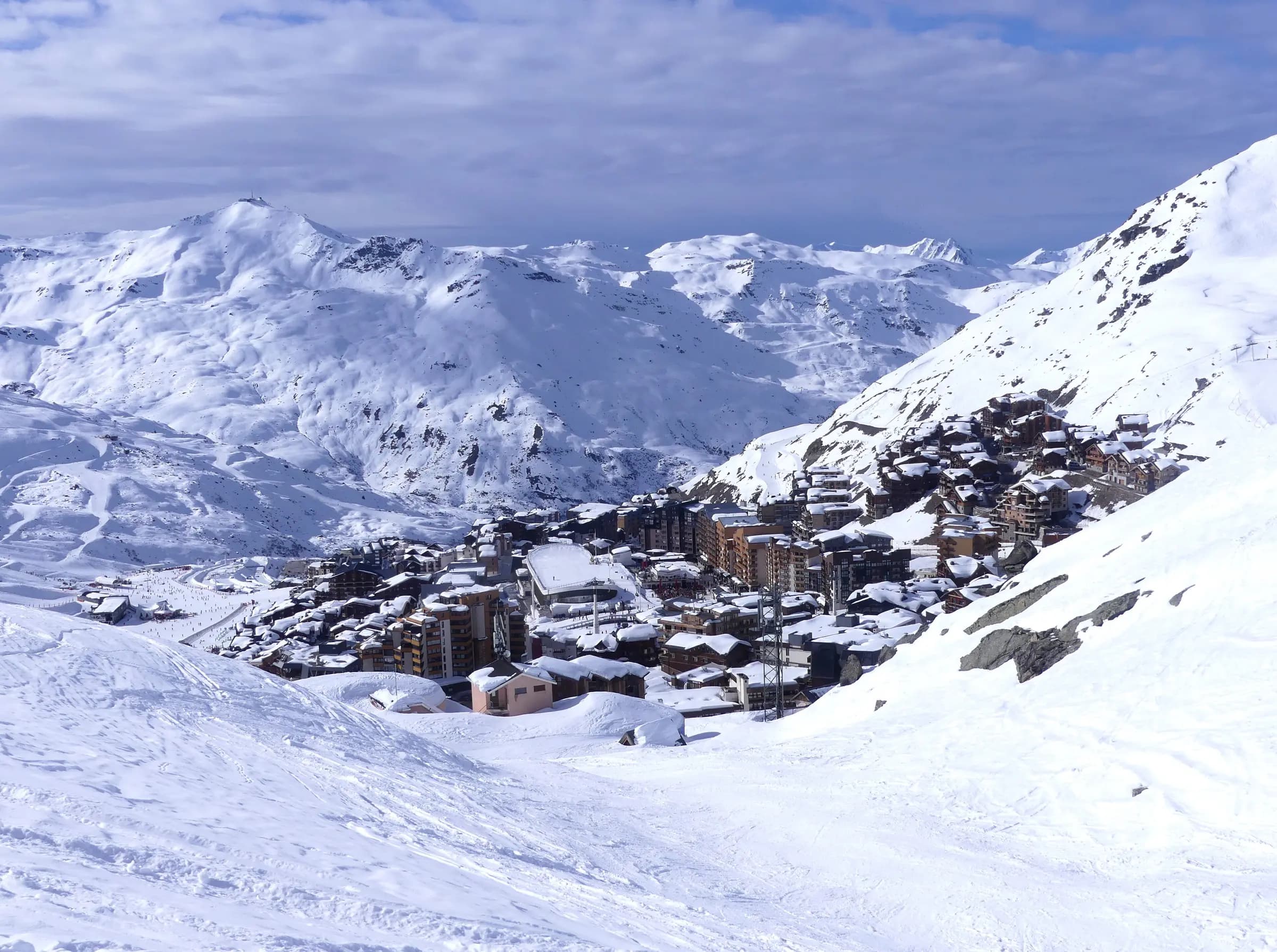 Sight, in winter, of Val Thorens ski resort and village, in Savoie , France .