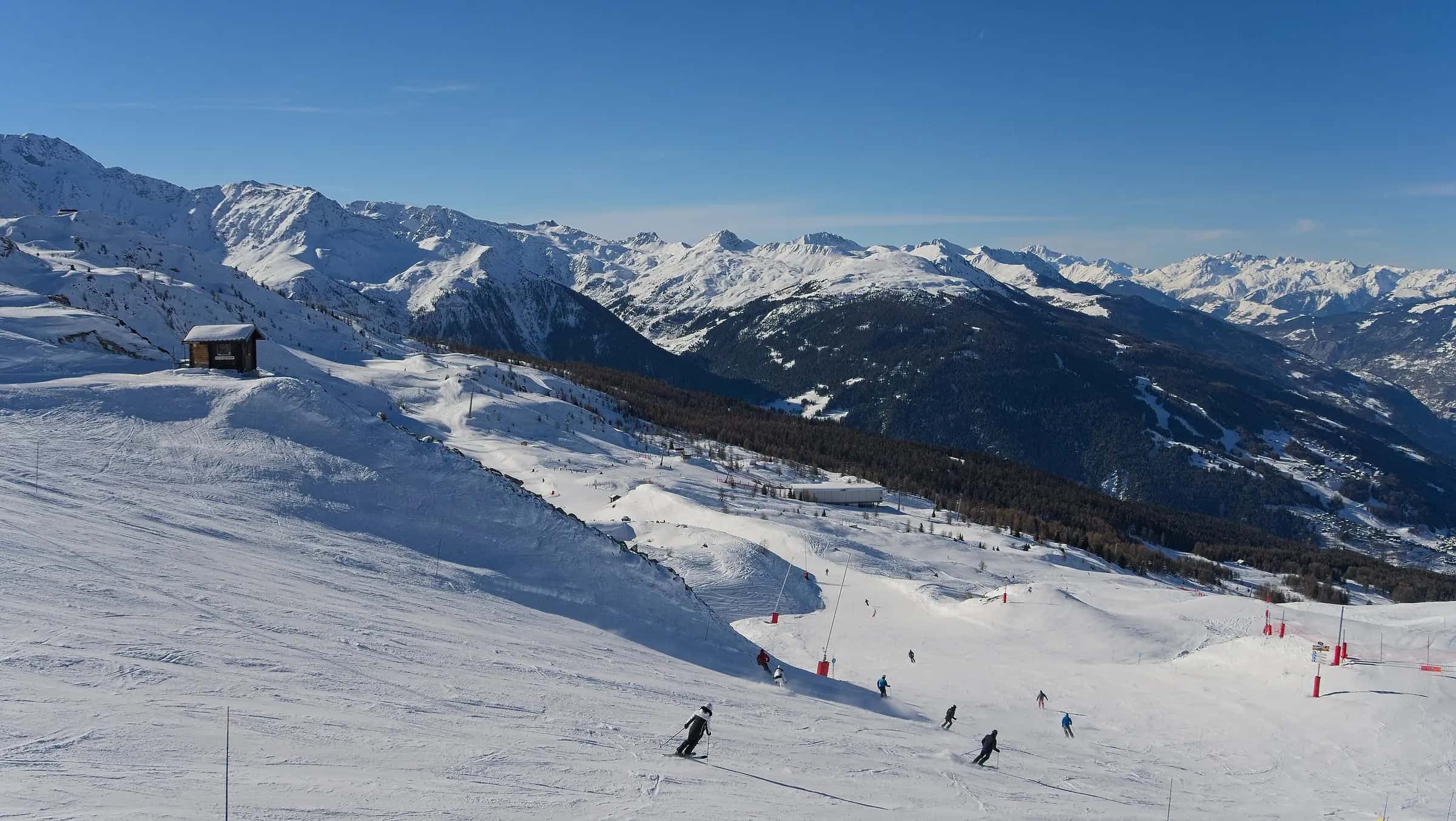 Paradiski, view towards La Plagne. Taken in Les Arcs, summit station ski lift Vagere 24, Savoie, France.